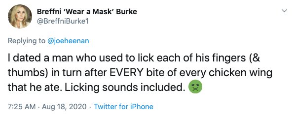 doja cat calling barbs scum - Breffni 'Wear a Mask' Burke I dated a man who used to lick each of his fingers & thumbs in turn after Every bite of every chicken wing that he ate. Licking sounds included. Twitter for iPhone