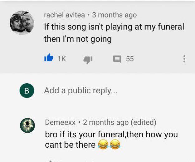 document - rachel avitea. 3 months ago 3 If this song isn't playing at my funeral then I'm not going 1K 55 B Add a public ... Demeexx . 2 months ago edited bro if its your funeral,then how you cant be there