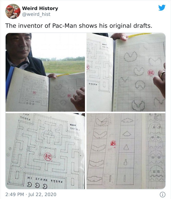 Weird History The inventor of PacMan shows his original drafts. 1997 > Iup 99999 1919 0 Hi Score 79910 > > >