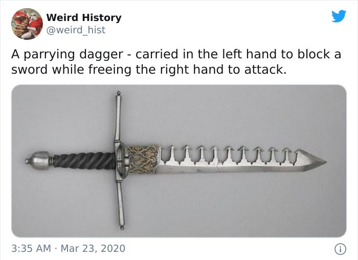 knife - Weird History A parrying dagger carried in the left hand to block a sword while freeing the right hand to attack. Uuu 0