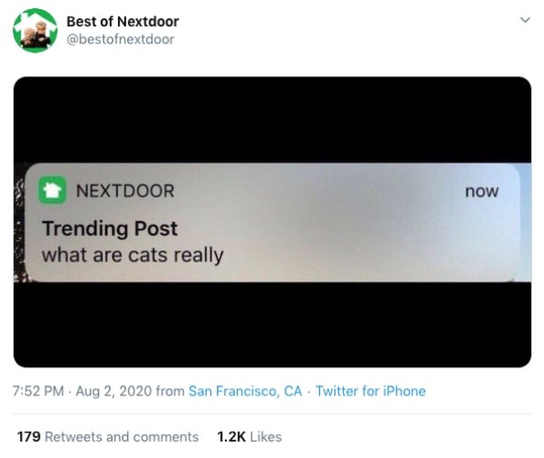 multimedia - Best of Nextdoor Nextdoor now Trending Post what are cats really from San Francisco, Ca Twitter for iPhone 179 and
