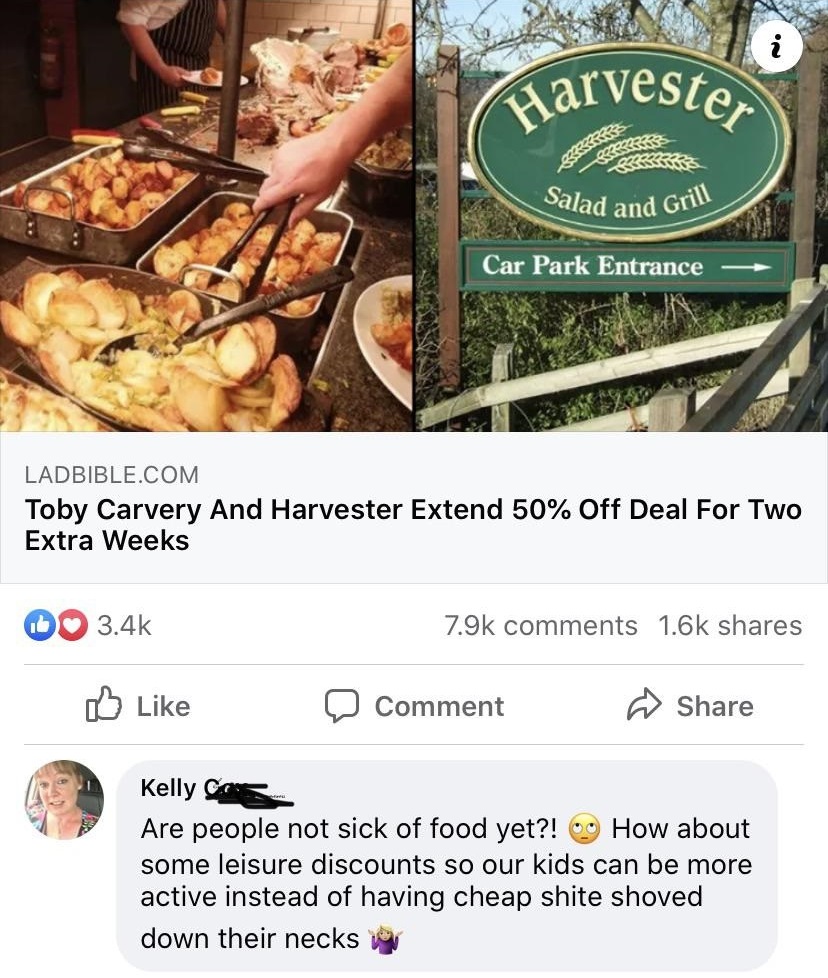 entitled people - recipe - Salad and Grill i Harvester Car Park Entrance Ladbible.Com Toby Carvery And Harvester Extend 50% Off Deal For Two Extra Weeks Comment Kelly G Are people not sick of food yet?! How about some leisure discounts so our kids can be 