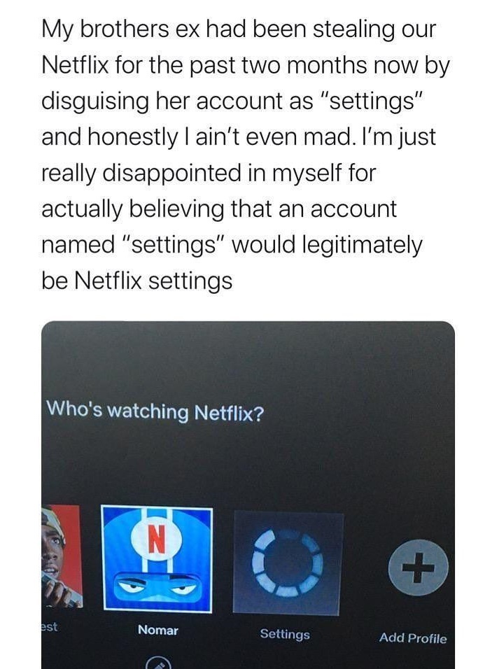 entitled people - multimedia - My brothers ex had been stealing our Netflix for the past two months now by disguising her account as "settings" and honestly I ain't even mad. I'm just really disappointed in myself for actually believing that an account na