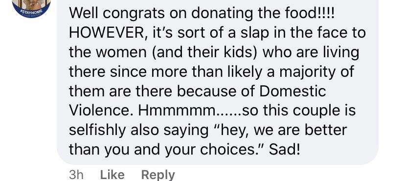 entitled people - angle - Stayhome Well congrats on donating the food!!!! However, it's sort of a slap in the face to the women and their kids who are living there since more than ly a majority of them are there because of Domestic Violence. Hmmmmm......S
