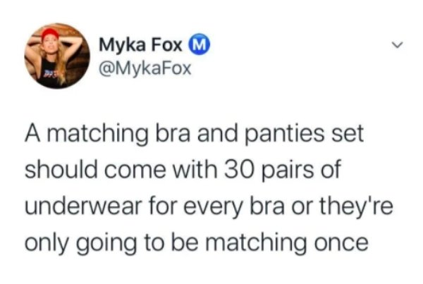 diagram - Myka Fox M A matching bra and panties set should come with 30 pairs of underwear for every bra or they're only going to be matching once