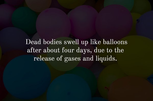 balloon - Dead bodies swell up balloons after about four days, due to the release of gases and liquids.
