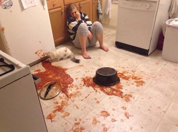 spilled spaghetti sauce - Ia