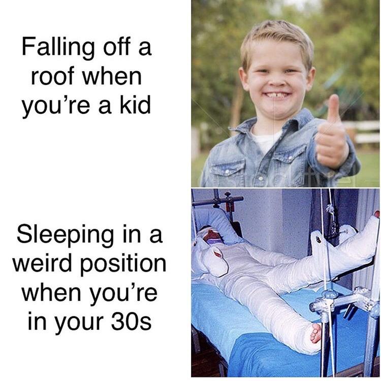 arm - Falling off a roof when you're a kid Sleeping in a weird position when you're in your 30s