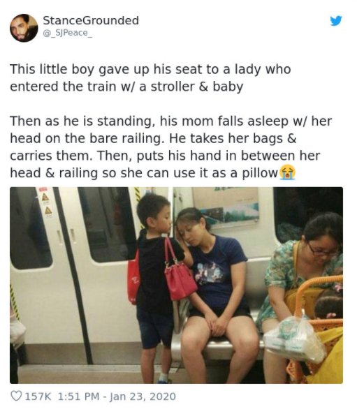 little boy gave up his seat - StanceGrounded _SjPeace This little boy gave up his seat to a lady who entered the train w a stroller & baby Then as he is standing, his mom falls asleep w her head on the bare railing. He takes her bags & carries them. Then,