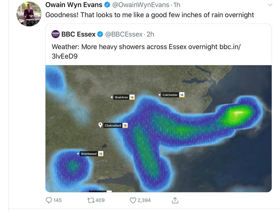screenshot - Owain Wyn Evans . 1h Goodness! That looks to me a good few inches of rain overnight Los Bbc Essex . 2h Weather More heavy showers across Essex overnight bbc.in 3 VEeD9 Colchester 14 Braintree 14 Chelmsford 15 Brentwood 15 145 12409 2,394
