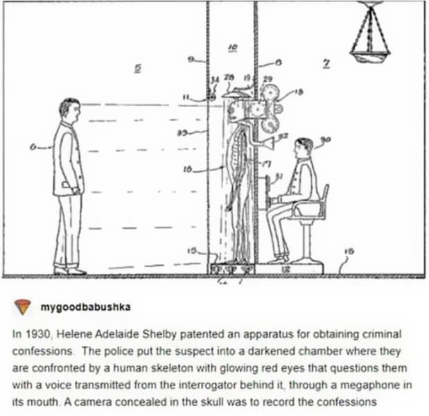 helene adelaide shelby - 91 2 10 mygoodbabushka In 1930, Helene Adelaide Shelby patented an apparatus for obtaining criminal confessions. The police put the suspect into a darkened chamber where they are confronted by a human skeleton with glowing red eye