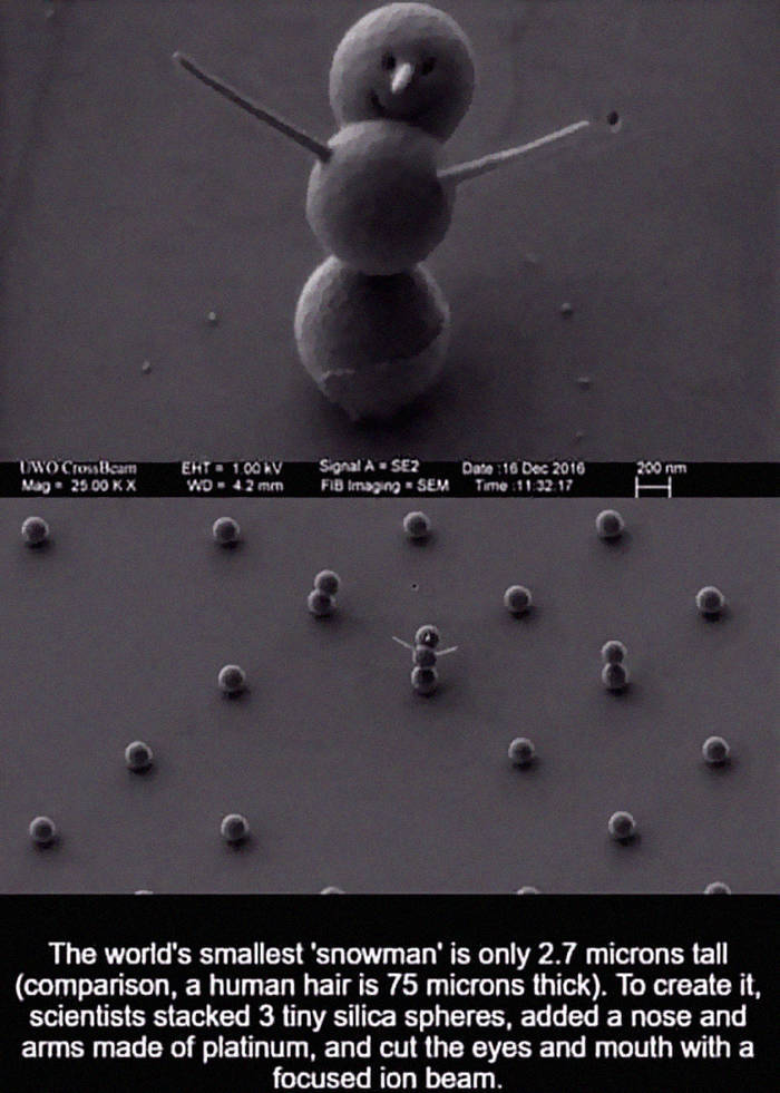 world smallest snowman - 200 nm Uwo CrossBeam Mag. 2500 Kx Eht 100 Kv Wo 42 mm Signal A Sez Fib Imaging Sem Data Time 17 The world's smallest 'snowman' is only 2.7 microns tall comparison, a human hair is 75 microns thick. To create it, scientists stacked