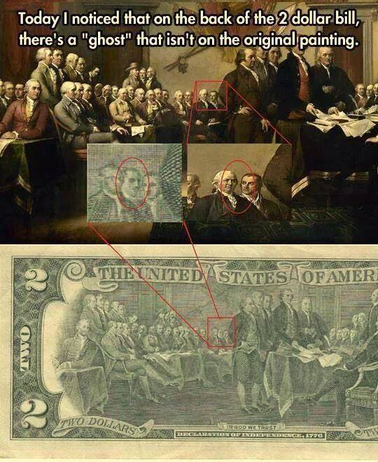 2 dollar bill ghost - Two Dollars Today I noticed that on the back of the 2 dollar bill, there's a "ghost" that isn't on the original painting. ty The United States Ofameri Re To 2 God We Trust Disclaration Or Intendan. 1770