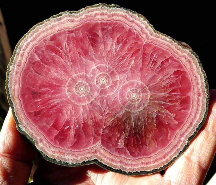 “An incredible grapefruit Rhodochrosite crystal from Argentina with three ''eyes'' caused by three stalactite cores growing into each other!”