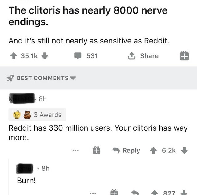 The clitoris has nearly 8000 nerve endings. And it's still not nearly as sensitive as Reddit. - Reddit has 330 million users. Your clitoris has way more. - Burn!