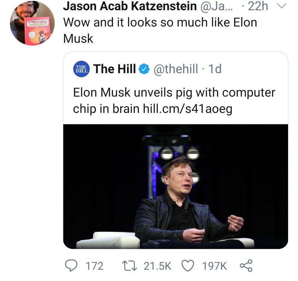 Wow and it looks so much like Elon Musk - Elon Musk unveils pig with computer chip in brain