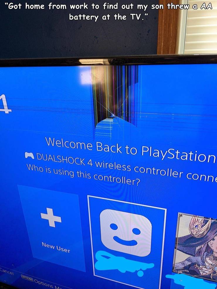 display device - "Got home from work to find out my son threw a Aa battery at the Tv." 1 Welcome Back to PlayStation Dualshock 4 wireless controller conne Who is using this controller? New User Cancel Sous Options M