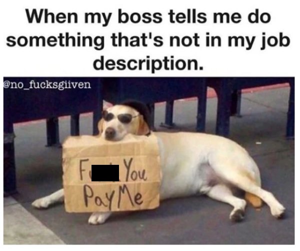 work memes - homeless dog funny - When my boss tells me do something that's not in my job description. F You PayMe