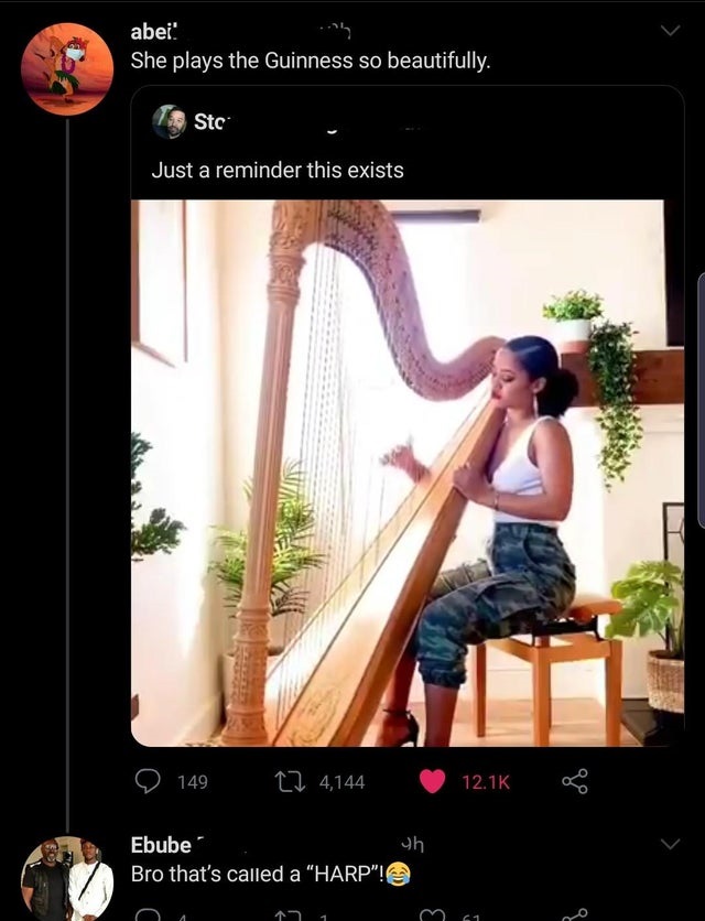 She plays the Guinness so beautifully. - Just a reminder this exists - Bro that's called a Harp
