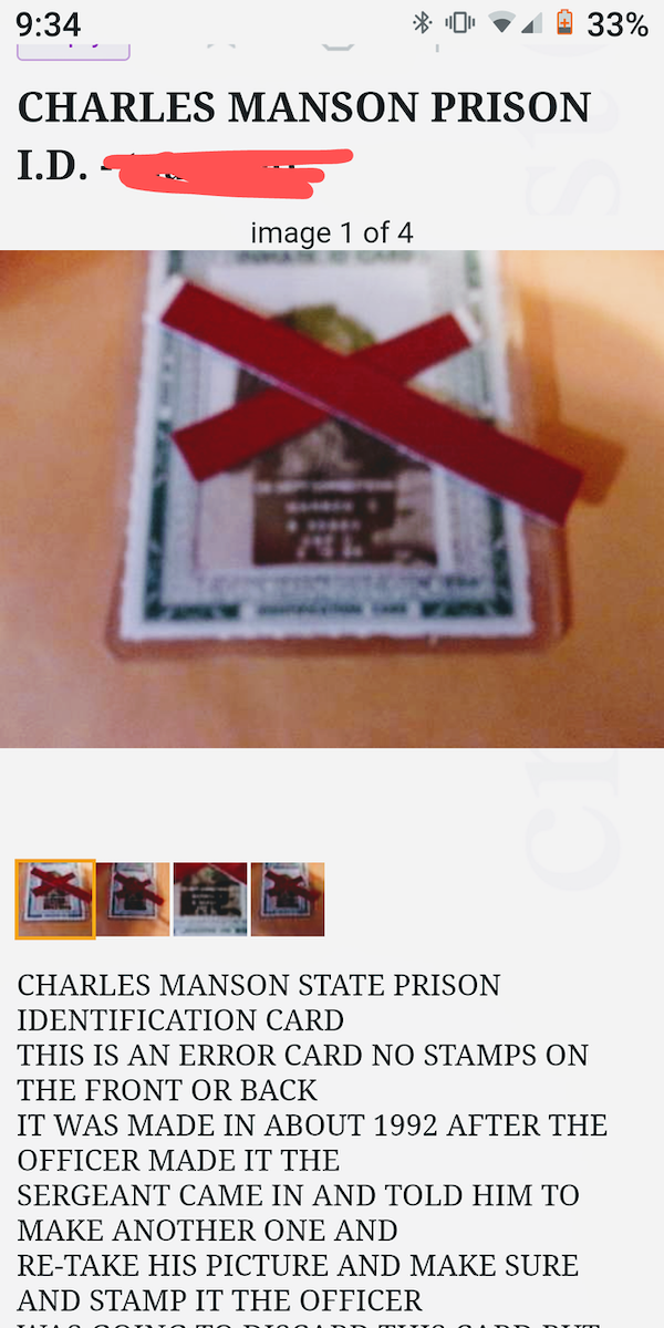 charles manson prison i.d.  - craigslist