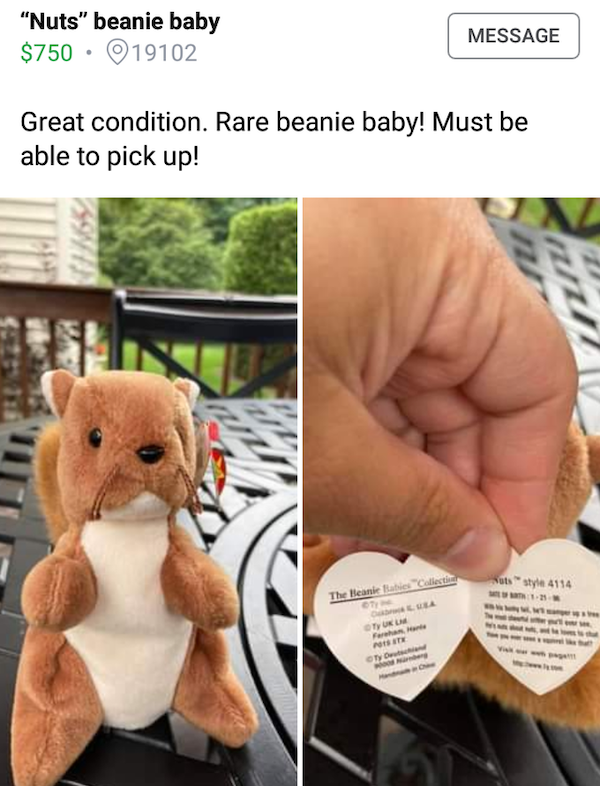 great condition rare beanie baby must be able to pick up nuts - craigslist