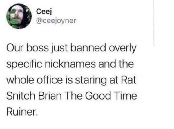 Ceej Our boss just banned overly specific nicknames and the whole office is staring at Rat Snitch Brian The Good Time Ruiner.