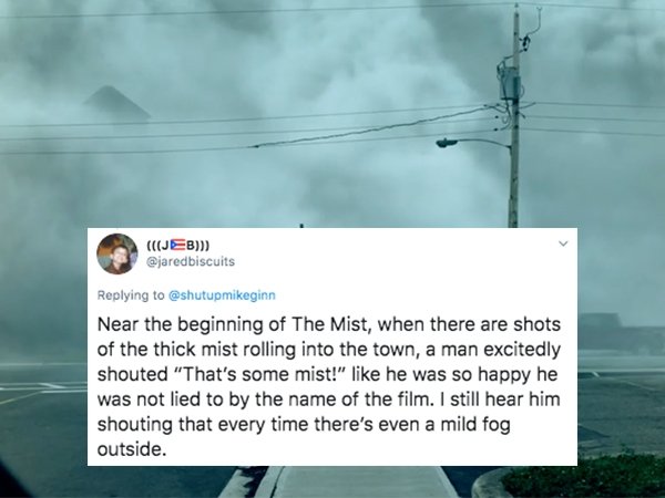 sky - Jeb Near the beginning of The Mist, when there are shots of the thick mist rolling into the town, a man excitedly shouted "That's some mist!" he was so happy he was not lied to by the name of the film. I still hear him shouting that every time there