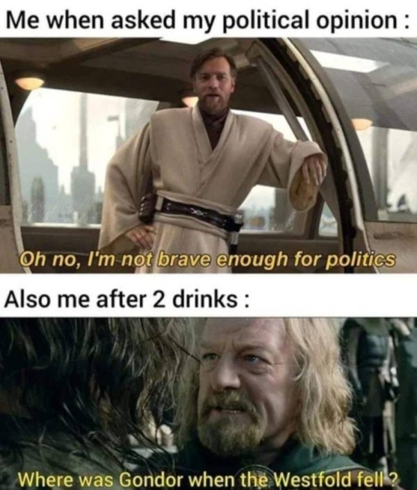 relatable memes - magic the gathering memes - Me when asked my political opinion Oh no, I'm not brave enough for politics Also me after 2 drinks Where was Gondor when the Westfold fell?