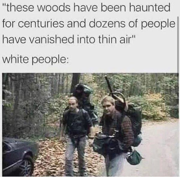 relatable memes - blair witch project woods - "these woods have been haunted for centuries and dozens of people have vanished into thin air" white people