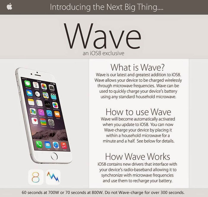 iphone microwave charging - Introducing the Next Big Thing.... Wave an iOS8 exclusive What is Wave? Wave is our latest and greatest addition to iOS8. Wave allows your device to be charged wirelessly through microwave frequencies. Wave can be used to quick