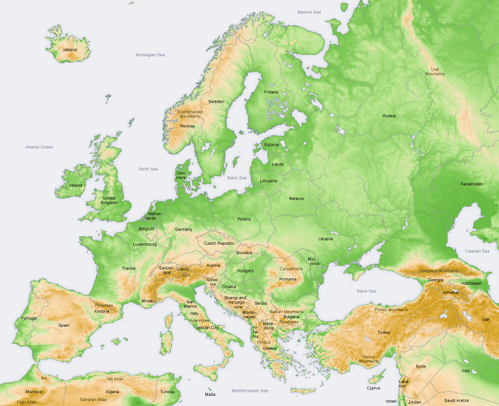 topographical map of europe - ond Mounas Finland Sweden Scava Mount Res Estonia Lavis No Den man see Lithuania Ireland Und King Belarus Nener Songs Paan Belum Germany Lembourg Czech Repude Slovakia Ceapa Mal dow France Austria Svier Le land Hungary Campin