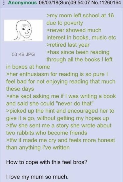 wholesome greentext mom - Anonymous 060318Sun07 No.11260164 >my mom left school at 16 due to poverty >never showed much interest in books, music etc >retired last year 53 Kb Jpg >has since been reading through all the books I left in boxes at home >her en