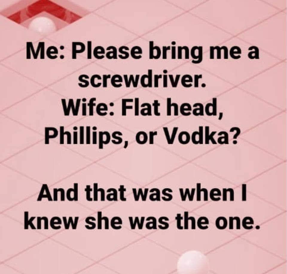 Me Please bring me a screwdriver. Wife Flat head, Phillips, or Vodka? And that was when I knew she was the one.