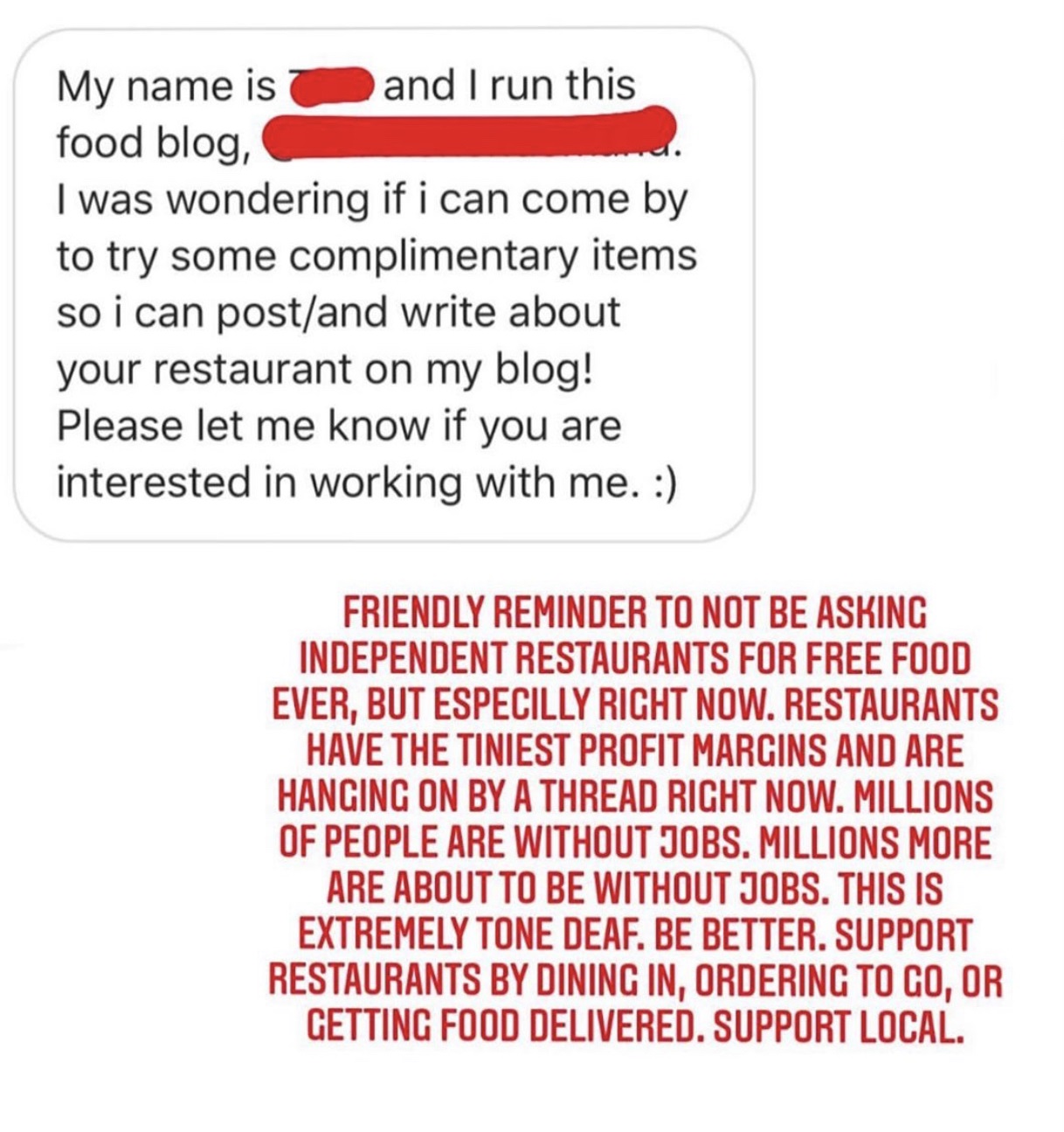 document - My name is and I run this food blog, I was wondering if i can come by to try some complimentary items so i can postand write about your restaurant on my blog! Please let me know if you are interested in working with me. Friendly Reminder To Not