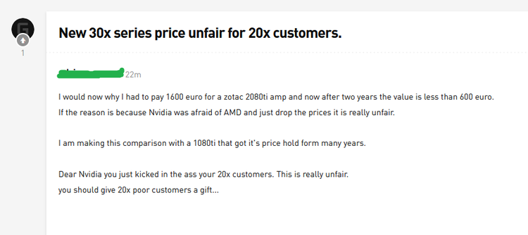 document - New 30x series price unfair for 20x customers. 22m I would now why I had to pay 1600 euro for a zotac 2080ti amp and now after two years the value is less than 600 euro. If the reason is because Nvidia was afraid of Amd and just drop the prices