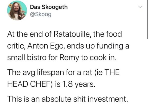 Marriage - Das Skoogeth At the end of Ratatouille, the food critic, Anton Ego, ends up funding a small bistro for Remy to cook in. The avg lifespan for a rat ie The Head Chef is 1.8 years. This is an absolute shit investment.
