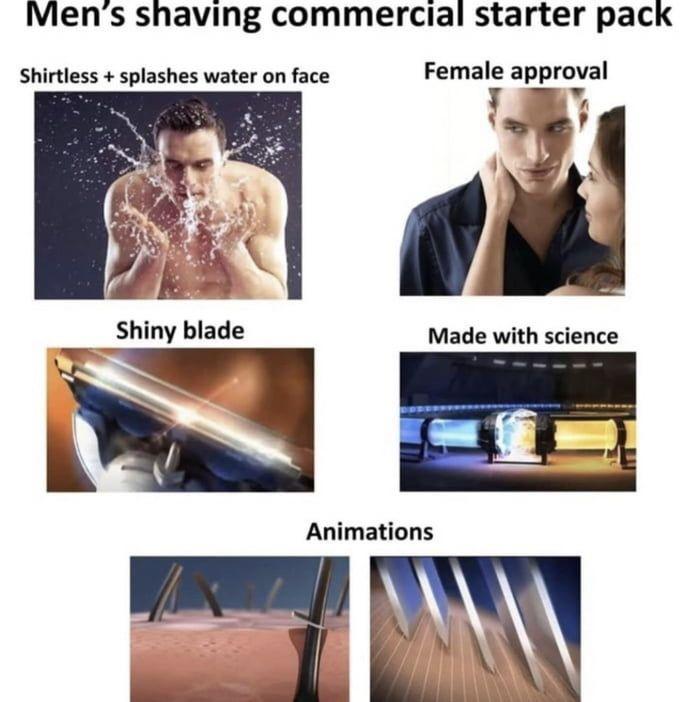 Razor - Men's shaving commercial starter pack Shirtless splashes water on face Female approval Shiny blade Made with science Animations