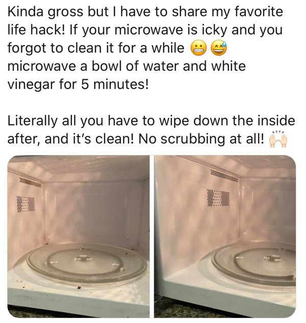 material - Kinda gross but I have to my favorite life hack! If your microwave is icky and you forgot to clean it for a while microwave a bowl of water and white vinegar for 5 minutes! Literally all you have to wipe down the inside after, and it's clean! N