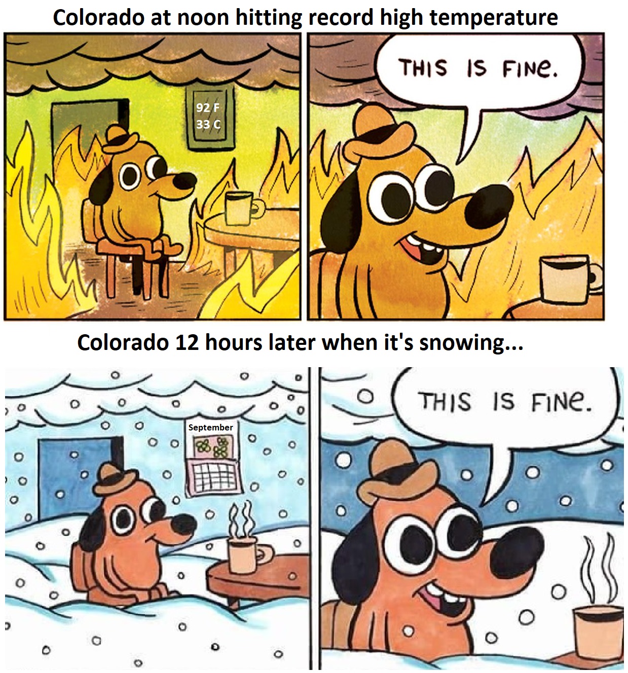 memes to numb the pain - Colorado at noon hitting record high temperature This Is Fine. 927 33 Colorado 12 hours later when it's snowing... This Is Fine. September O . o 0 0 o 0