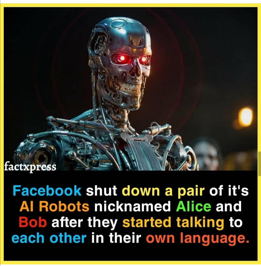 The Terminator - factxpress Facebook shut down a pair of it's Al Robots nicknamed Alice and Bob after they started talking to each other in their own language.
