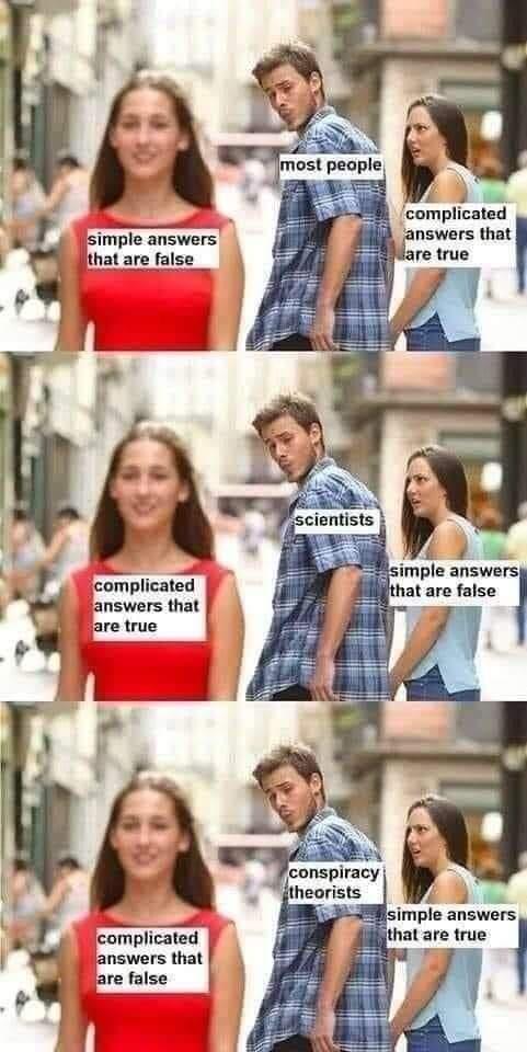 distracted boyfriend meme covid - most people simple answers that are false complicated answers that are true scientists simple answers that are false complicated answers that are true conspiracy theorists simple answers that are true complicated answers 