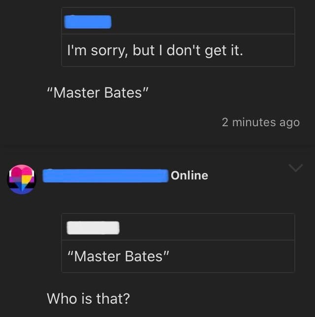 screenshot - I'm sorry, but I don't get it. "Master Bates" 2 minutes ago Online "Master Bates" Who is that?