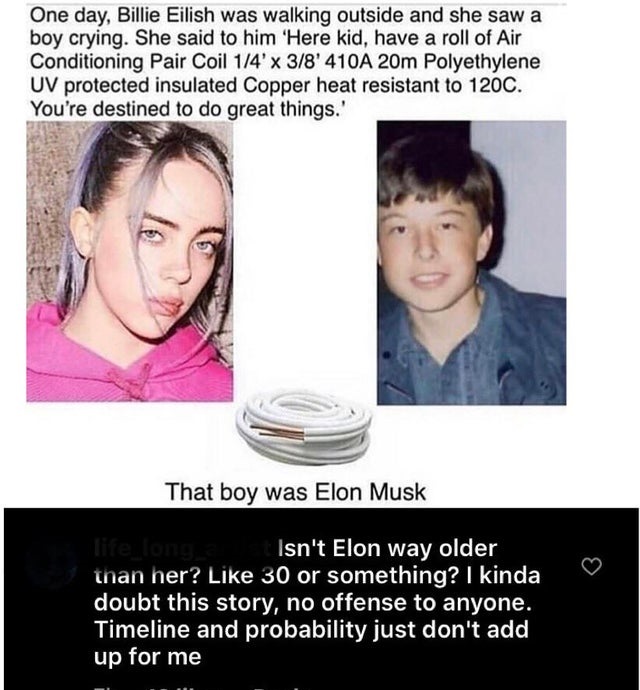 elon musk billie eilish meme - One day, Billie Eilish was walking outside and she saw a boy crying. She said to him 'Here kid, have a roll of Air Conditioning Pair Coil 14' x 38'410A 20m Polyethylene Uv protected insulated Copper heat resistant to 120C. Y
