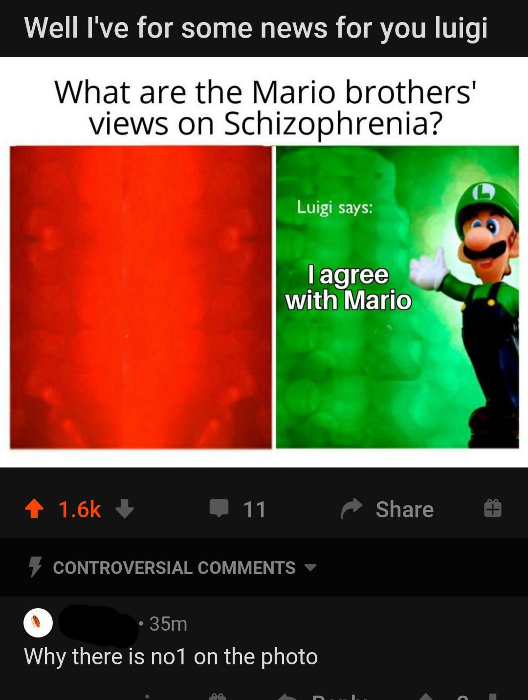 mario bros views on meme - Well I've for some news for you luigi What are the Mario brothers' views on Schizophrenia? Luigi says I agree with Mario 11 Controversial 35m Why there is no1 on the photo