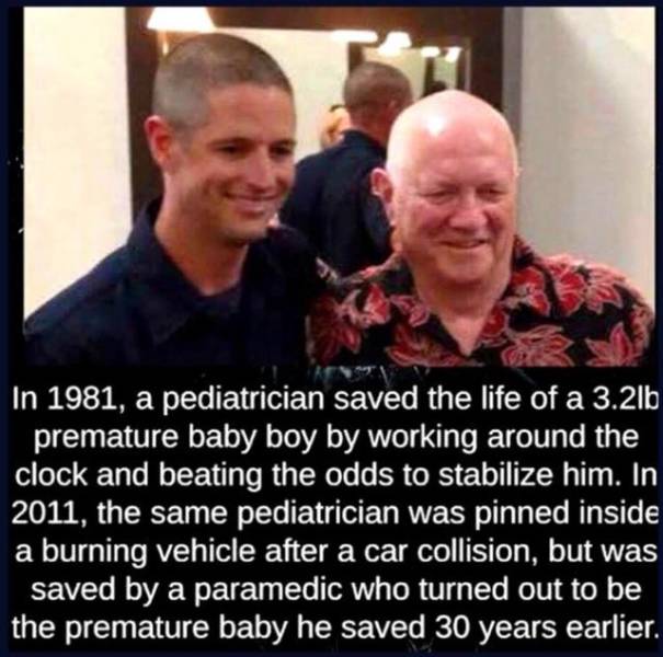 photo caption - In 1981, a pediatrician saved the life of a 3.2lb premature baby boy by working around the clock and beating the odds to stabilize him. In 2011, the same pediatrician was pinned inside a burning vehicle after a car collision, but was saved