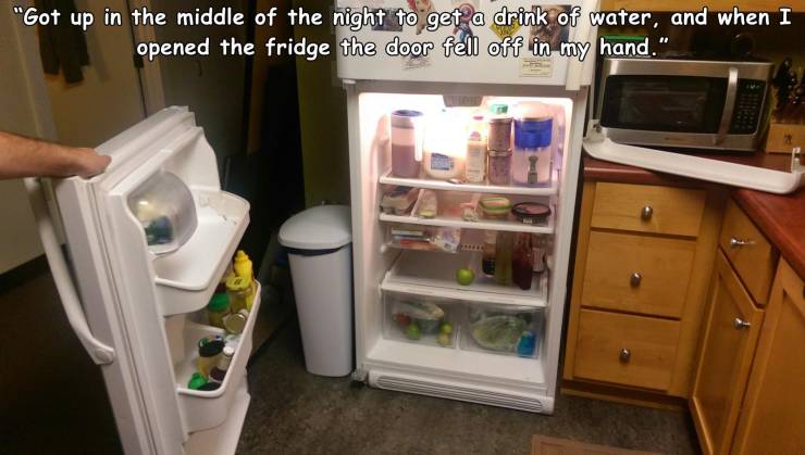 refrigerator - "Got up in the middle of the night to get a drink of water, and when I opened the fridge the door fell off in my hand."