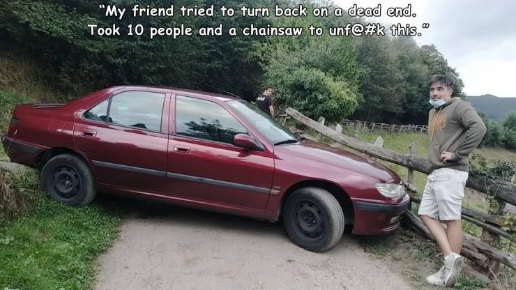 family car - "My friend tried to turn back on a dead end. Took 10 people and a chainsaw to unf@ this."