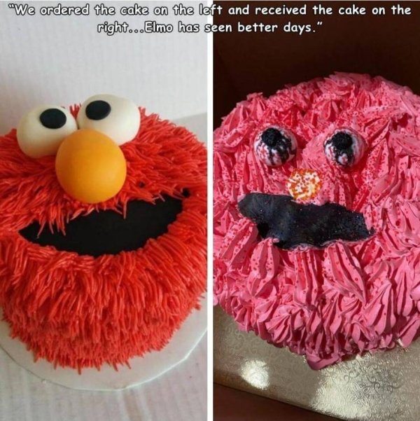 we ordered the cake on the left and received the cake on the right . Elmo has seen better days