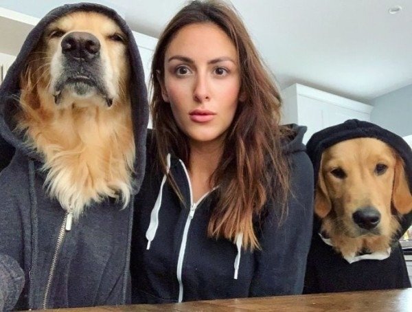 woman and dogs wearing hoodies