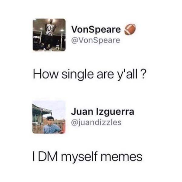 VonSpeare How single are y'all ? Juan Izguerra Idm myself memes